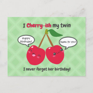Carte Postale Joli Anniversaire Jumelles Cerise Rouge Kawaii