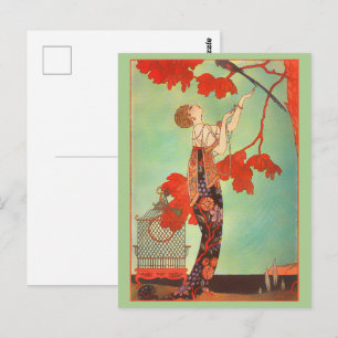 Carte Postale Joli Art Nouveau français Cage à oiseaux perroquet
