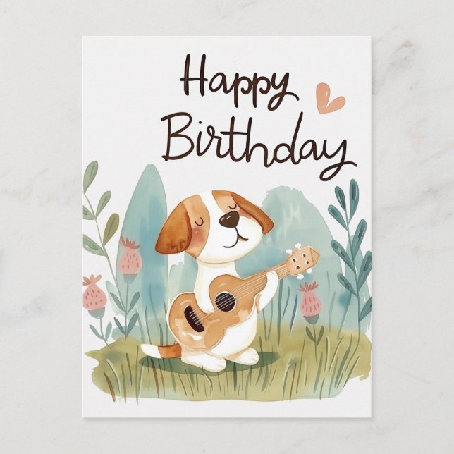 Carte Postale Joli Beagle avec une guitare Joyeux Anniversaire  (Devant)