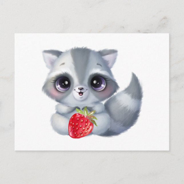 Carte Postale Joli bébé raton laveur à l'aquarelle avec fruit de (Devant)