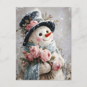 Carte Postale Joli Bonhomme de Neige avec des Roses Roses