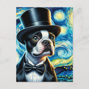 Carte Postale Joli Boston Terrier avec un haut-de-forme Van Gogh