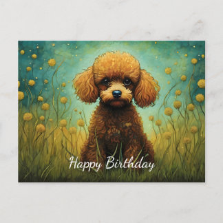 Carte Postale Joli Caniche Fleur Prairie Joyeux Anniversaire