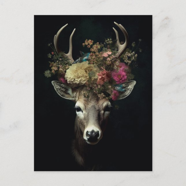 Carte Postale Joli cerf à couronne florale (Devant)