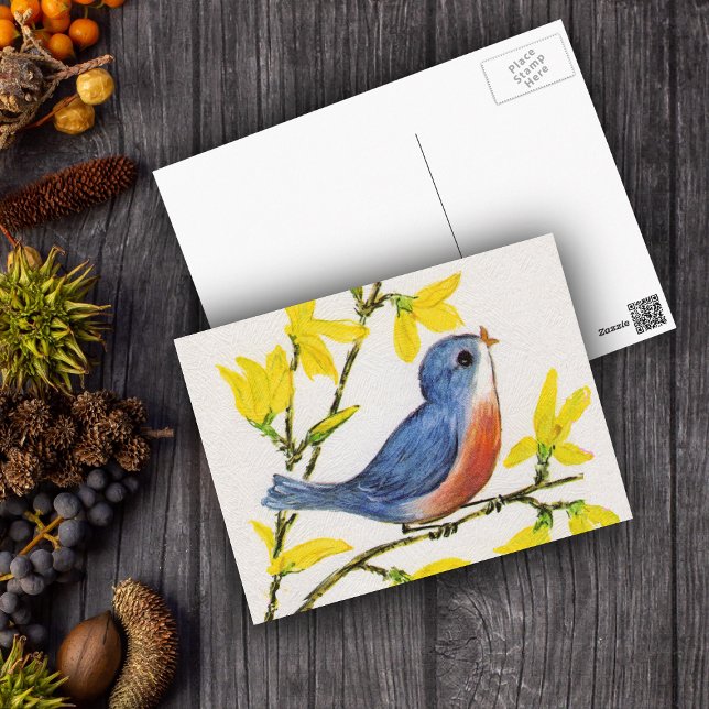 Carte Postale Joli Chanteur Oiseau Bleu Arbre (Cute singing red and blue bird on branch yellow flowers on white postcard.)