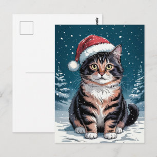 Carte Postale Joli Chapeau de Noël de Chat Calico Merry Christma