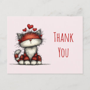 Carte Postale Joli Chat avec des Cœurs d'Amour Rouges Merci