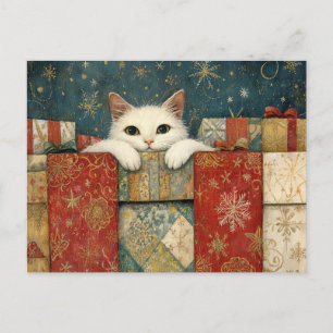 Carte Postale Joli Chat Blanc Se Penchant sur des Cadeaux de Noë