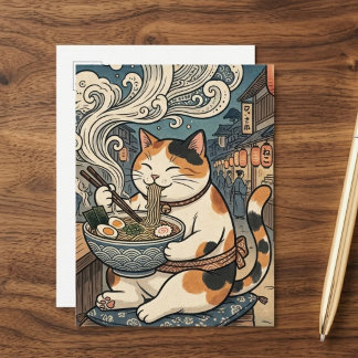 Carte Postale Joli Chat Calico Mangeant du Ramen Art Japonais