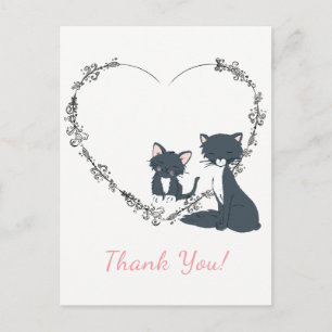 Carte Postale Joli chat, chaton et Merci de coeur de fleurs