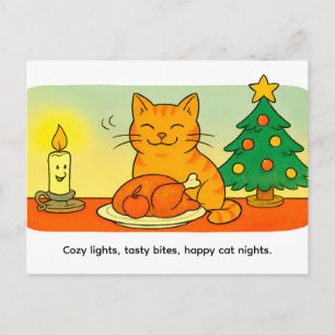 Carte Postale Joli Chat de Dessin Animé Assis près d'une Bougie