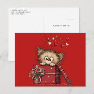Carte Postale Joli Chat de Dessin Animé avec des Cœurs