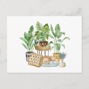 Carte Postale Joli chat endormi aquarelle et plantes d'intérieur