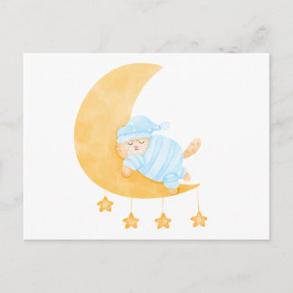 Carte Postale Joli Chat Endormi Aquarelle sur Croissant de Lune