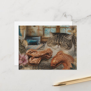 Carte Postale Joli Chat Endormi Avec Homard et Poisson