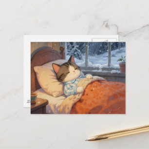 Carte Postale Joli chat endormi hiver neige à l'extérieur