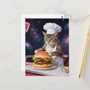 Carte Postale Joli Chat Gris Tabby Chef Préparant un Cheeseburge