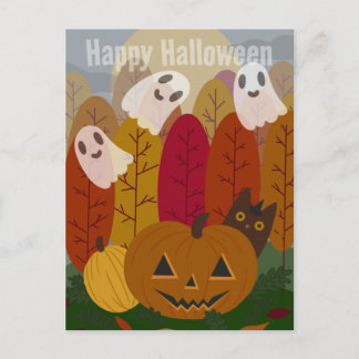 Carte Postale Joli chat noir et fantômes d'Halloween Citrouille