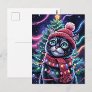 Carte Postale Joli Chat Noir Kitty Noël Vacances d'Hiver
