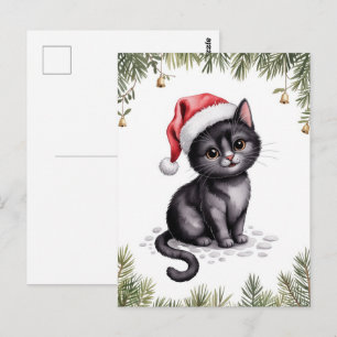 Carte Postale Joli Chat Noir Kitty Noël Vacances d'Hiver