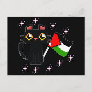 Carte Postale joli chat noir tenant le drapeau de la Palestine