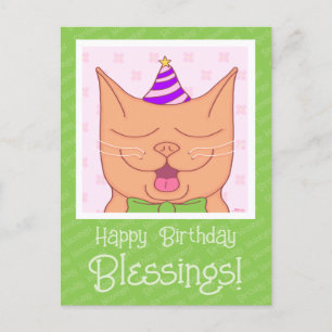 Carte Postale Joli Chat Orange Avec Chapeau D'anniversaire Bénéd