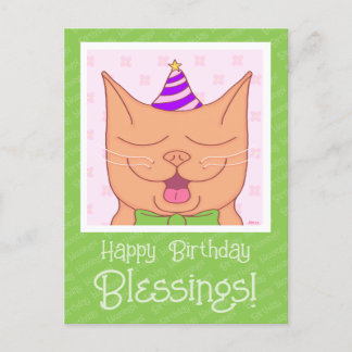 Carte Postale Joli Chat Orange Avec Chapeau D'anniversaire Bénéd