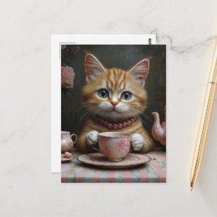 Carte Postale Joli Chat Roux en Perles Roses au Thé