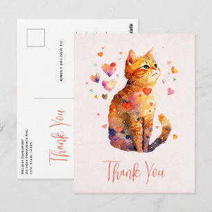 Carte Postale Joli chat tigré avec des cœurs Merci