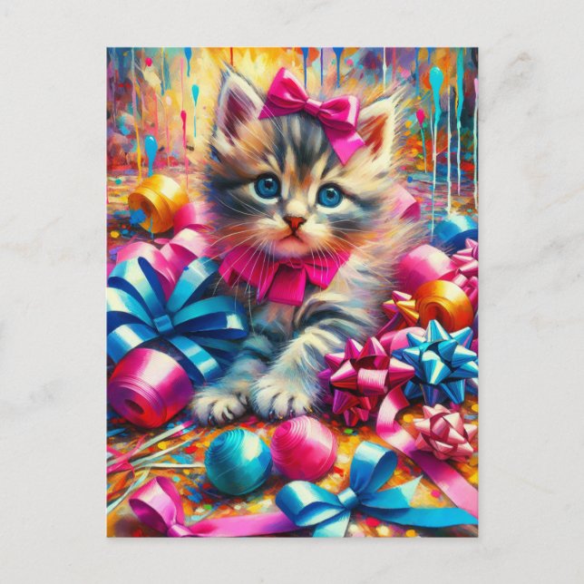 Carte Postale Joli chaton jouant avec des nœuds et des rubans d' (Devant)