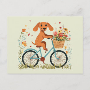 Carte Postale Joli chien teckel à vélo Fleurs de printemps
