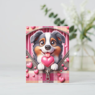 Carte Postale Joli chiot 3D dans un Arrière - plan rose et blanc