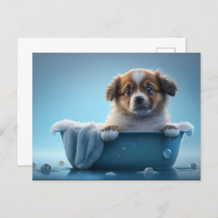 Carte Postale Joli chiot dans Bain Bleu