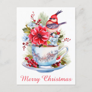 Carte Postale Joli Christmas Bird Holly Floral Teacup Tea