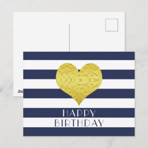 Carte Postale Joli cœur doré bleu et blanc Joyeux Anniversaire