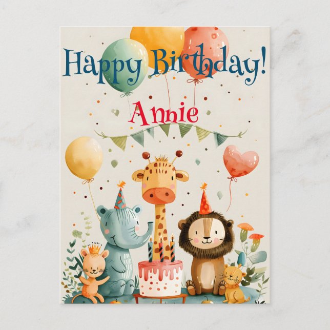 Carte Postale Joli dessin animal enfants avec éléments d'anniver (Devant)