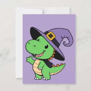 Carte Postale joli dessin animé dino sorcière halloween