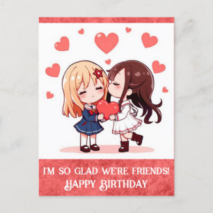 Carte Postale Joli dessin animé Joyeux anniversaire ami Cœurs