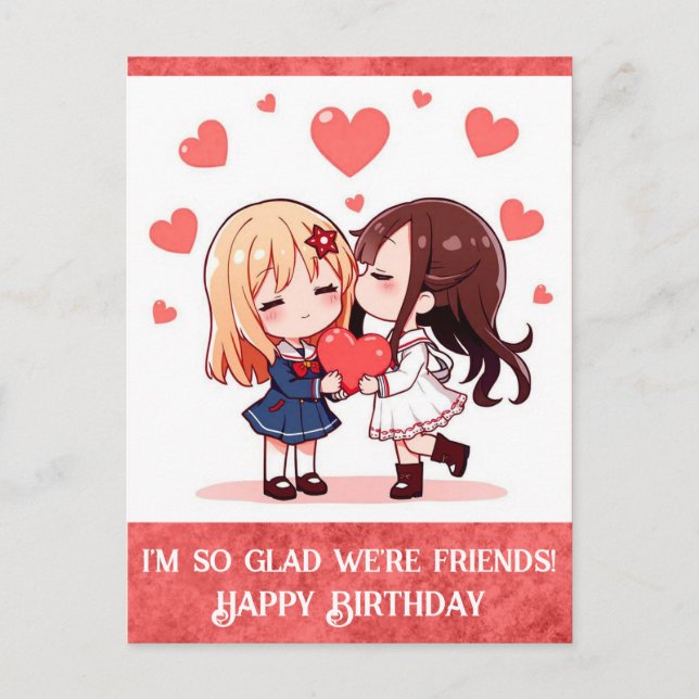 Carte Postale Joli dessin animé joyeux anniversaire ami cœurs (Devant)