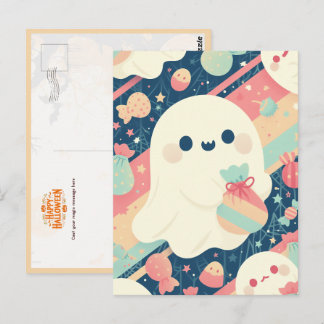 Carte Postale Joli fantôme avec sac de bonbons dans un style de