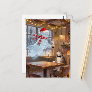 Carte Postale Joli fantôme de Noël servant un chat dans un café