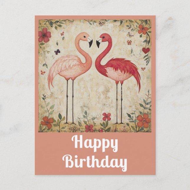 Carte Postale Joli Flamant rose rose Aquarelle Anniversaire (Devant)