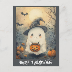Carte Postale Joli Halloween Ghost Trick ou Citrouille de traite