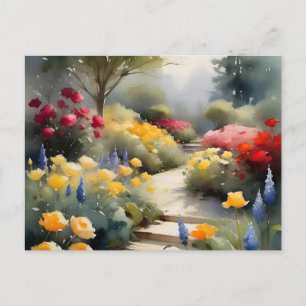 Carte Postale Joli Jardin aux roses rouges fleurs bleues