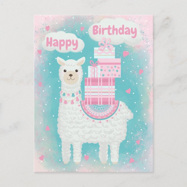 Carte Postale Joli lama rose et turquoise avec des cadeaux (Devant)