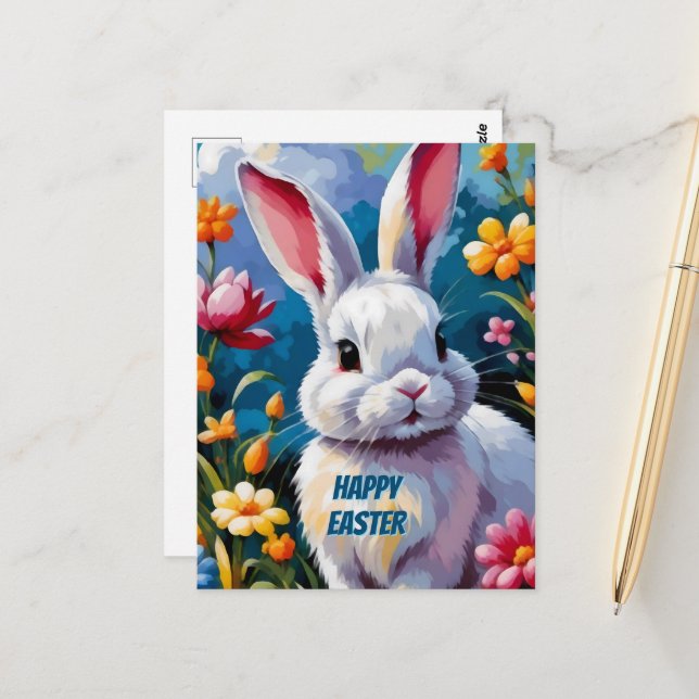 Carte Postale Joli Lapin Blanc Entouré de Fleurs Vibrantes (Devant/Arrière en situation)