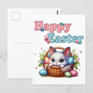 Carte Postale Joli lapin de Pâques en panier avec oeufs et fleur