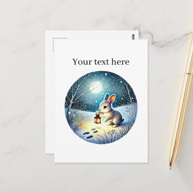 Carte Postale Joli lapin d'hiver personnalisable (Devant/Arrière en situation)