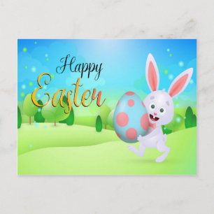 Carte Postale Joli lapin tenant bleu rose oeufs de Pâques vacanc