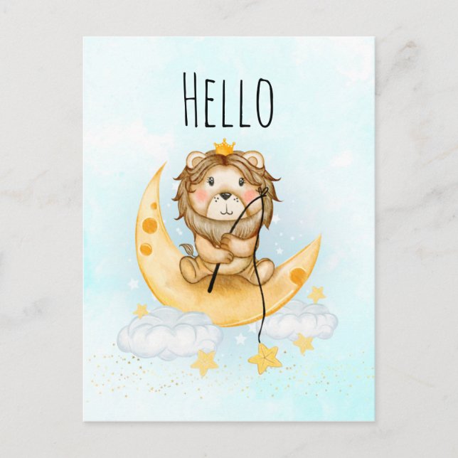 Carte Postale Joli Lion Pêchant sur la Lune Aquarelle Bonjour (Devant)